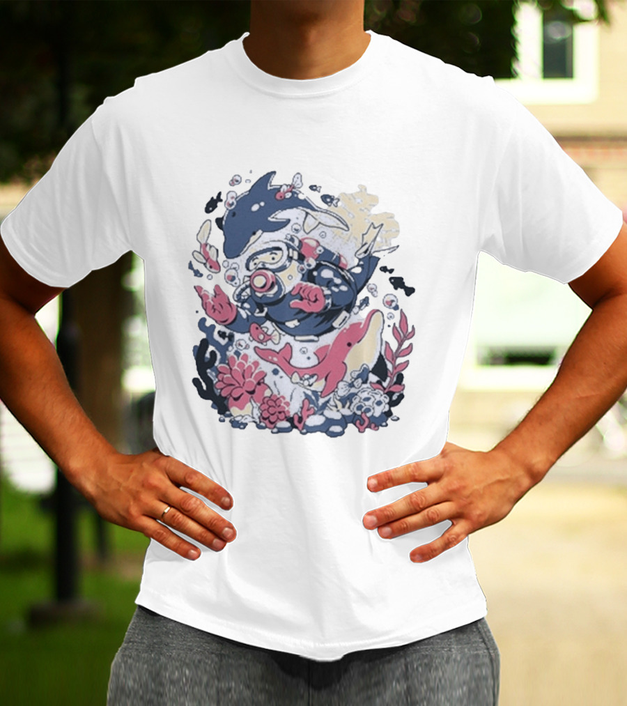 Fangamer Dolphins Dive Underwater Adventure With Diver And Marine Life T-Shirt