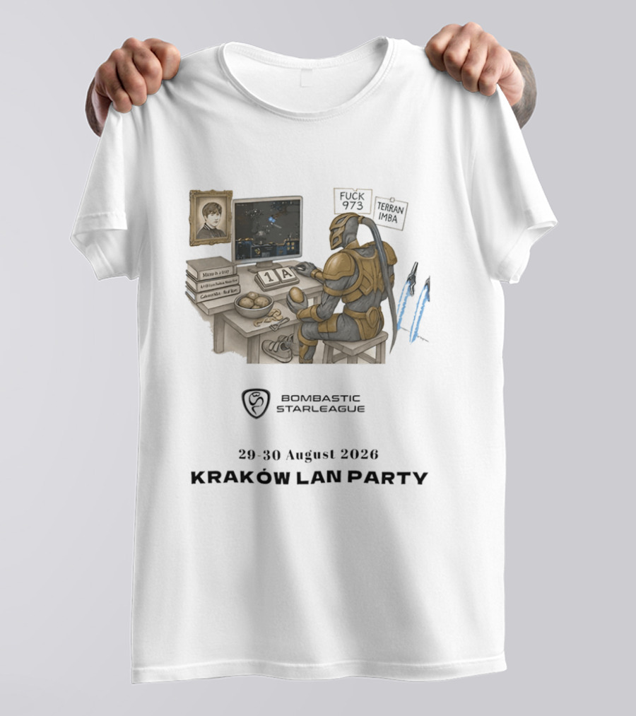 Bombastic StarLeague LAN Party Kraków August 2026 Terran Imba Micro Trap Nexus Gatewayman T-Shirt
