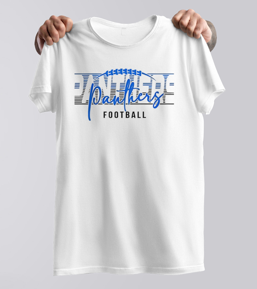 Panthers Football Blue Script Striped Laces Football T-Shirt