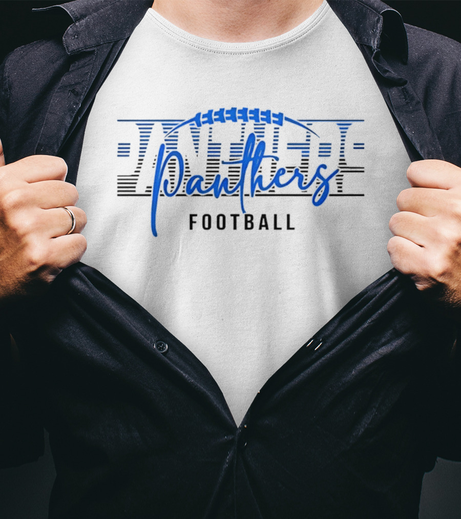Panthers Football Blue Script Striped Laces Football T-Shirt