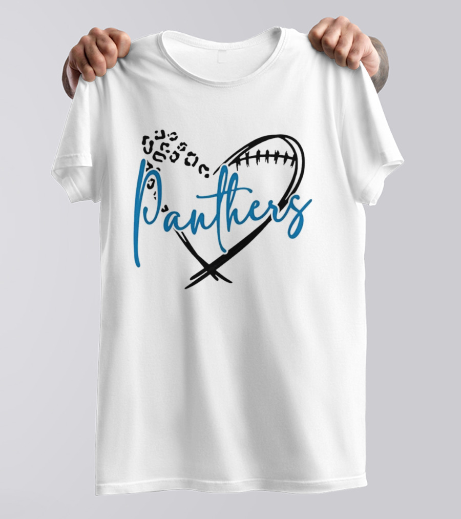 Panthers Heart Leopard Spots Football Laces Cursive Line T-Shirt