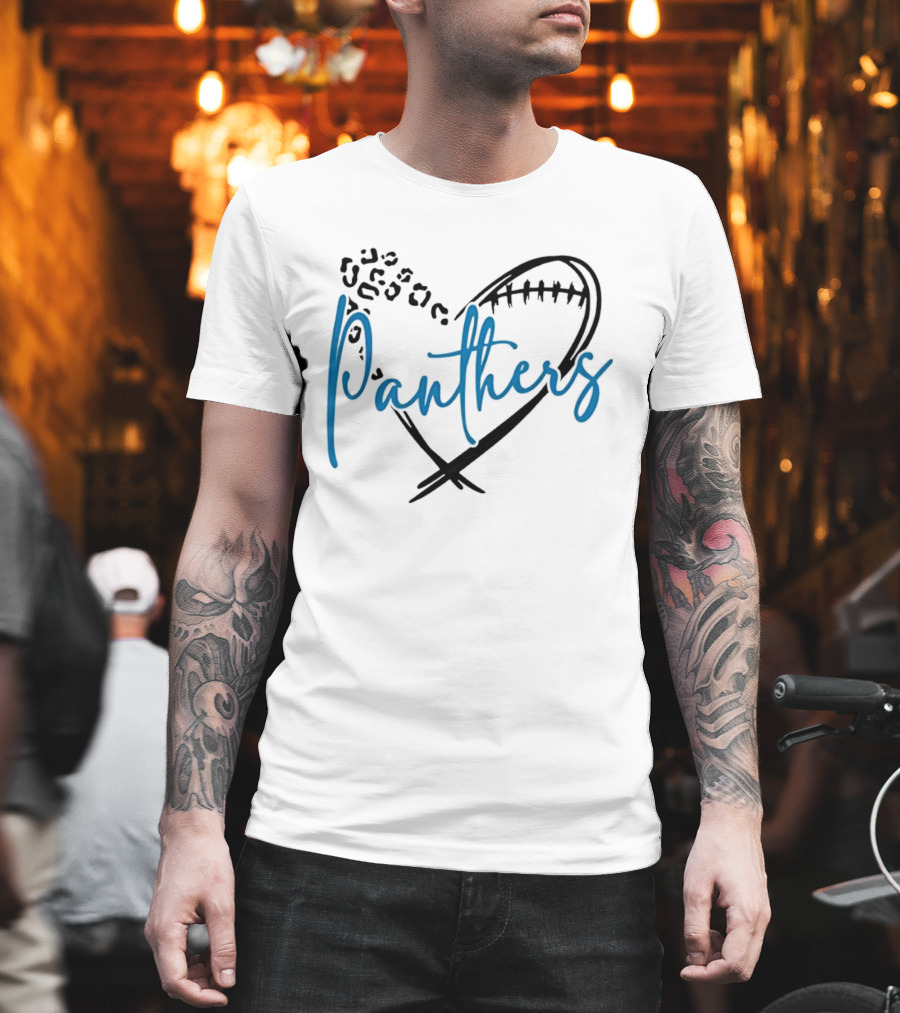 Panthers Heart Leopard Spots Football Laces Cursive Line T-Shirt
