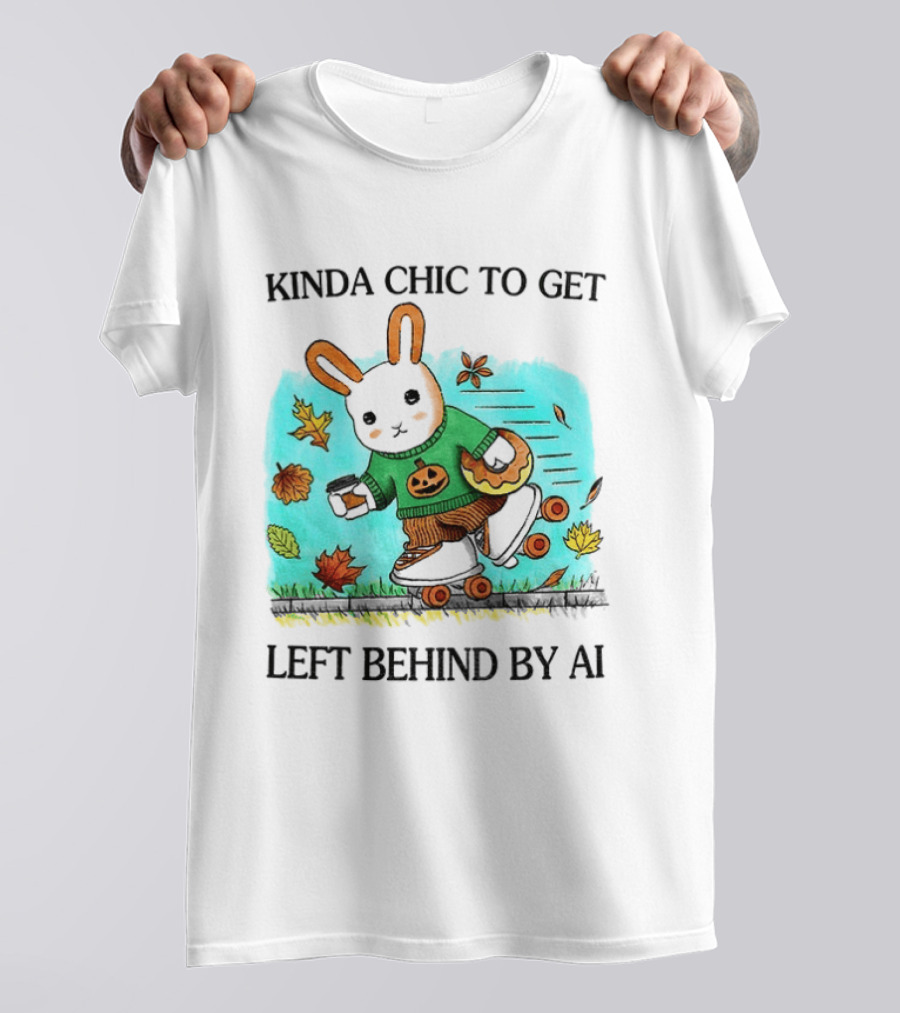 Kinda Chic Rabbit Roller Skating With Pumpkin Happy Fall Leaves Left Behind By AI T-Shirt