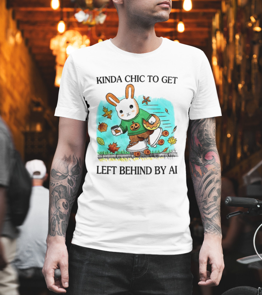 Kinda Chic Rabbit Roller Skating With Pumpkin Happy Fall Leaves Left Behind By AI T-Shirt