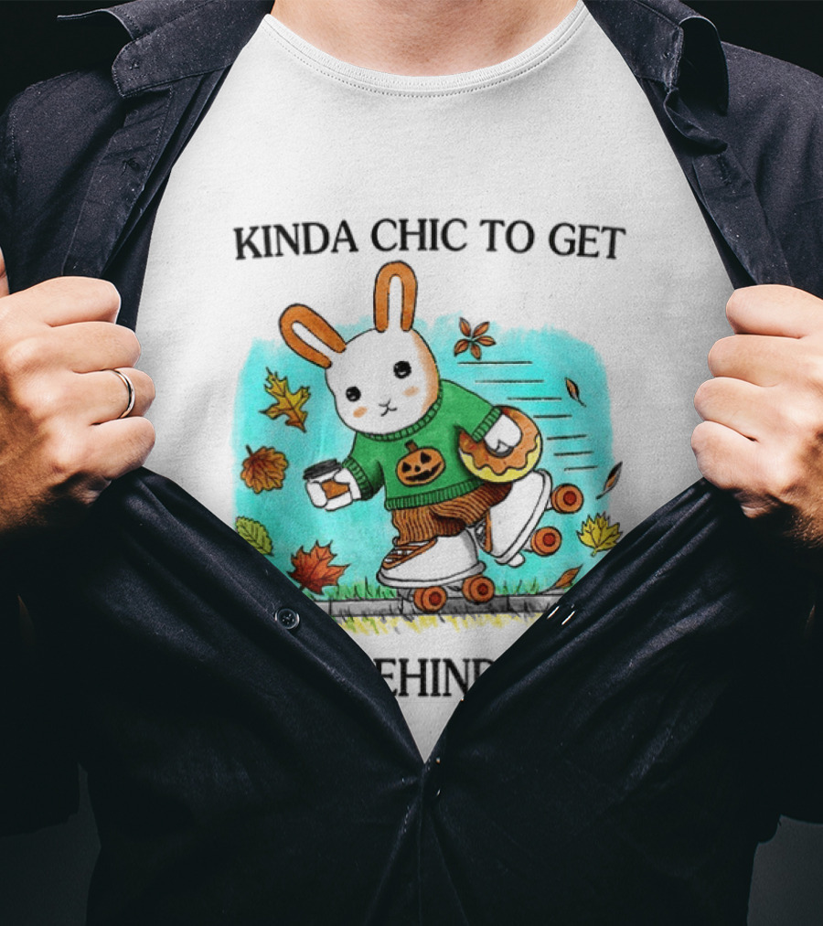 Kinda Chic Rabbit Roller Skating With Pumpkin Happy Fall Leaves Left Behind By AI T-Shirt