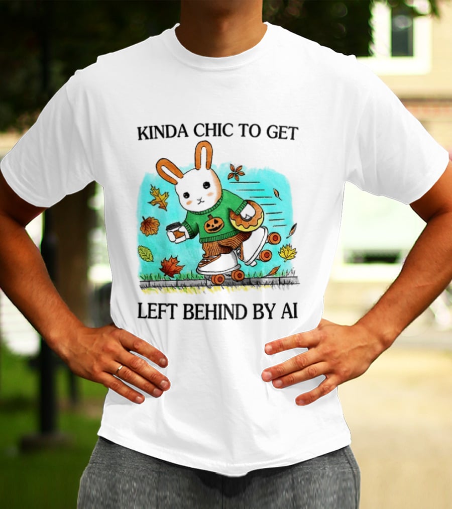 Kinda Chic Rabbit Roller Skating With Pumpkin Happy Fall Leaves Left Behind By AI T-Shirt