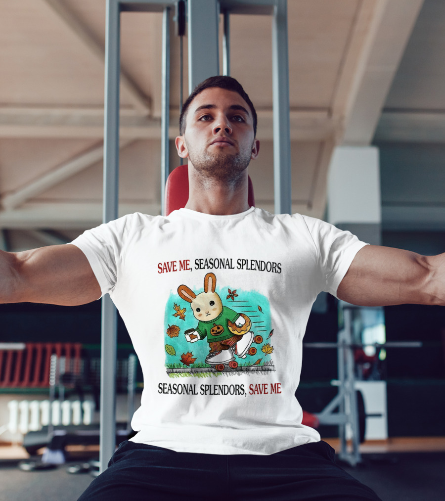 Skater Rabbit With Coffee And Donut Save Me Seasonal Splendors Leaves T-Shirt
