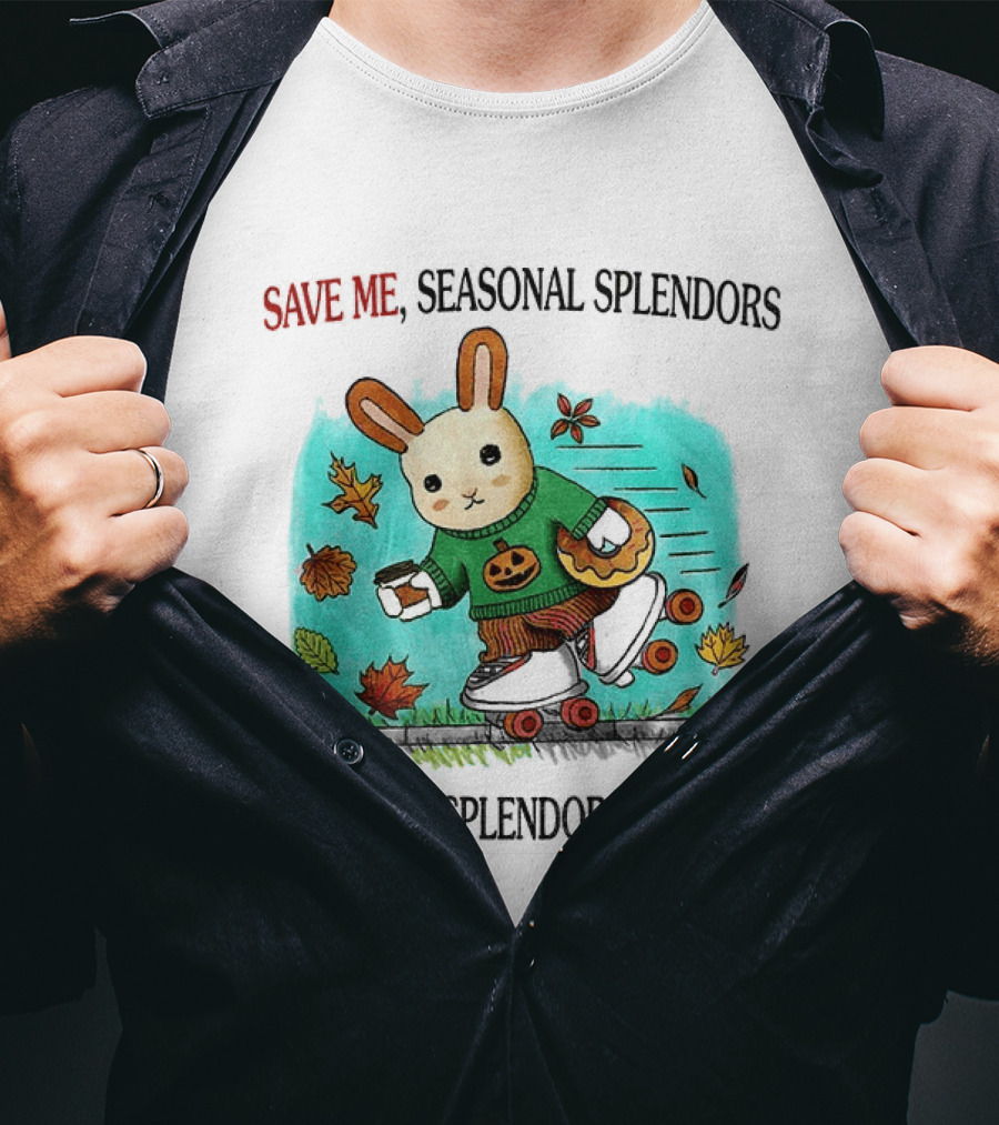 Skater Rabbit With Coffee And Donut Save Me Seasonal Splendors Leaves T-Shirt