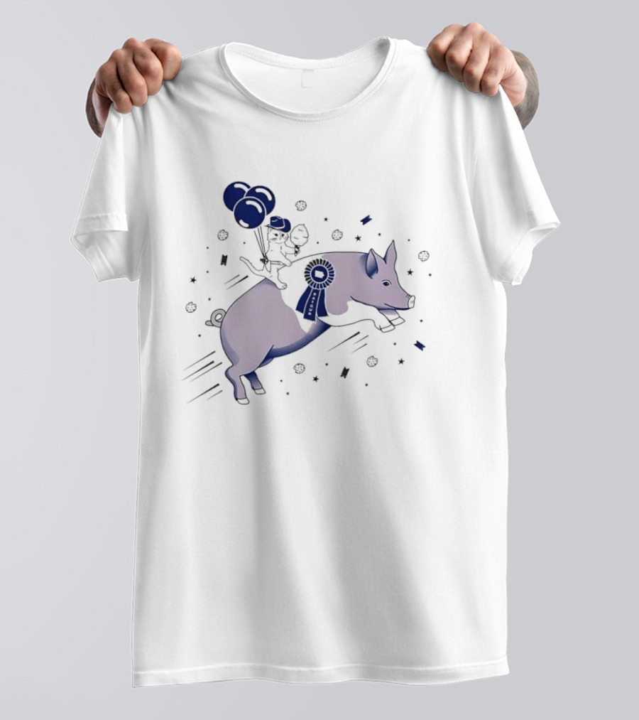 Raygun Cartoon Cowboy Cat Riding Flying Pig With Iowa Ribbon And Balloons T-Shirt