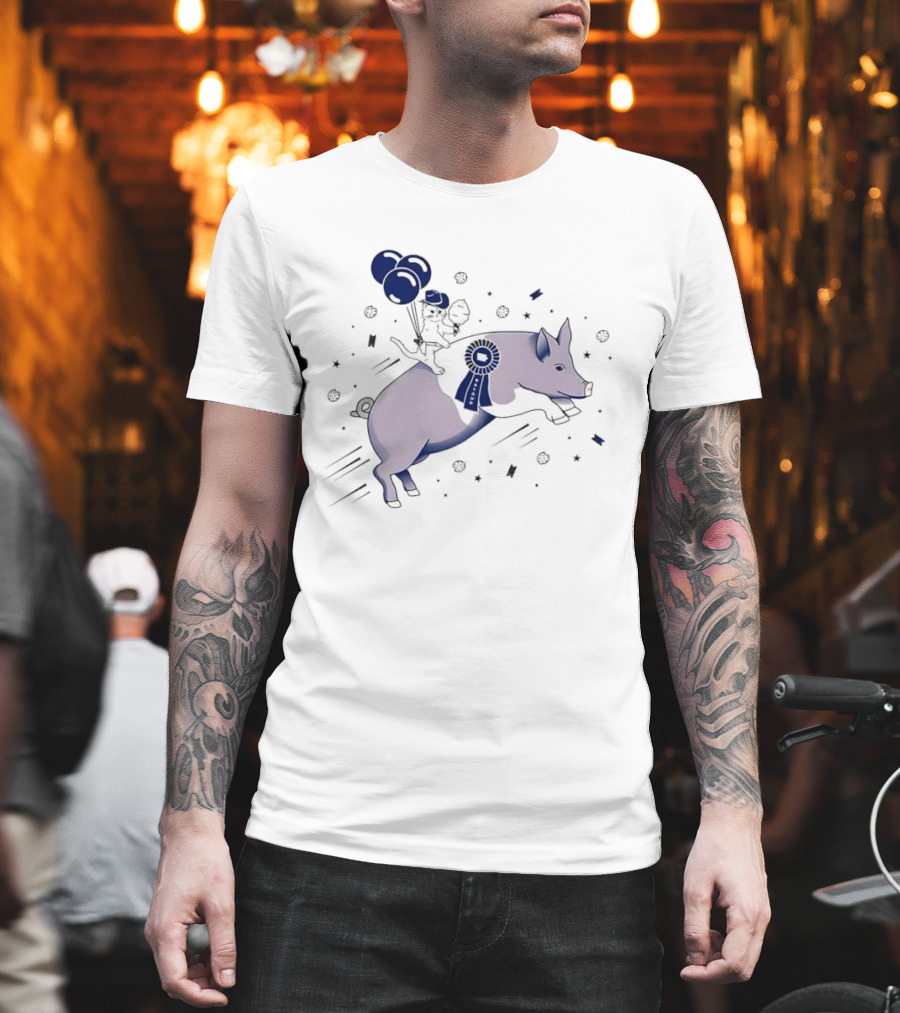Raygun Cartoon Cowboy Cat Riding Flying Pig With Iowa Ribbon And Balloons T-Shirt