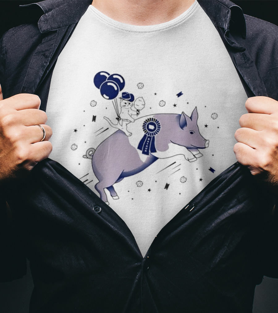 Raygun Cartoon Cowboy Cat Riding Flying Pig With Iowa Ribbon And Balloons T-Shirt