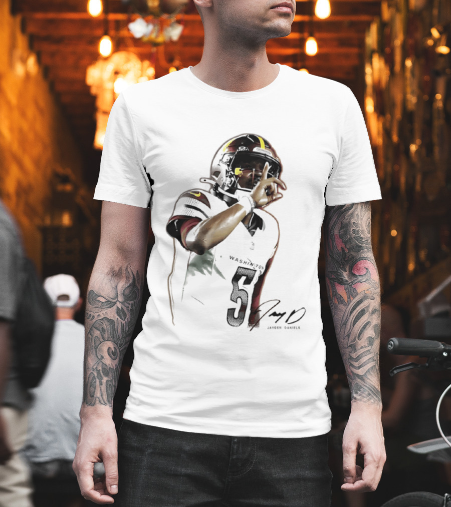 Washington Commanders Jayden Daniels Quarterback Finger To Lips Photo Cutout T-Shirt