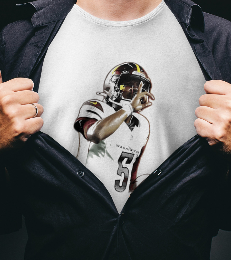 Washington Commanders Jayden Daniels Quarterback Finger To Lips Photo Cutout T-Shirt