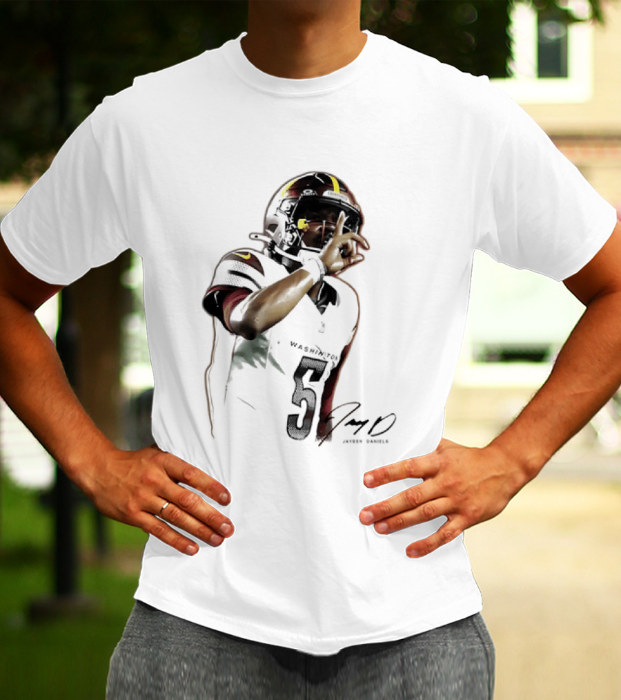 Washington Commanders Jayden Daniels Quarterback Finger To Lips Photo Cutout T-Shirt