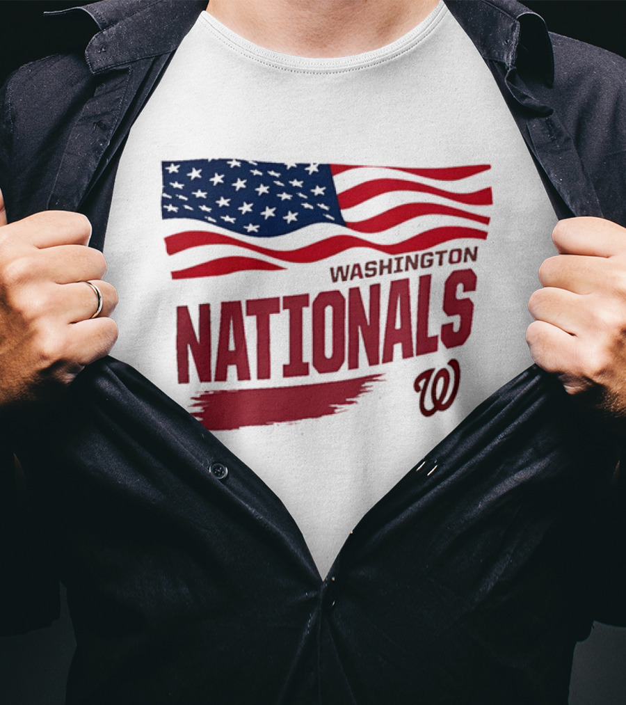 Washington Nationals Waving American Flag Red Brushstroke MLB T-Shirt