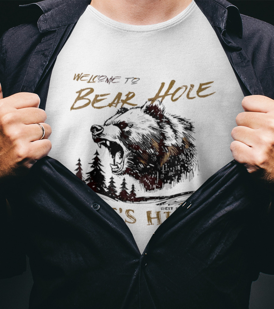 Welcome To Bear Hole Let's Hike West Springfield MA Roaring Grizzly Head Pine Trees Sketch T-Shirt