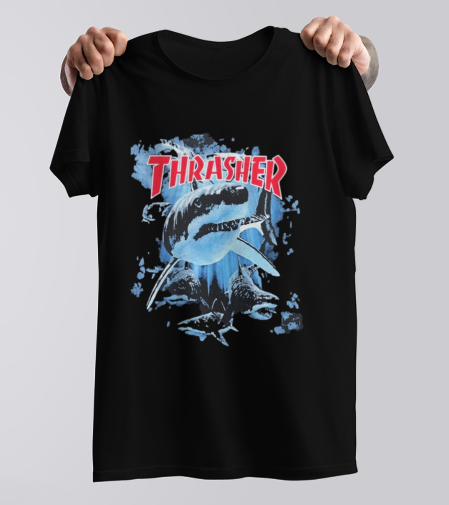 Thrasher Shark Blue Print Skateboarding T-Shirt