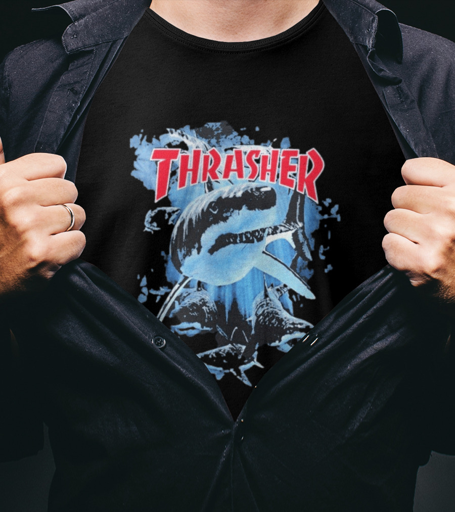 Thrasher Shark Blue Print Skateboarding T-Shirt