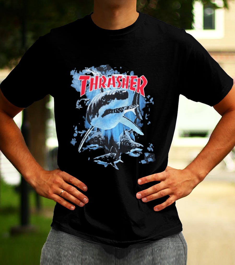 Thrasher Shark Blue Print Skateboarding T-Shirt