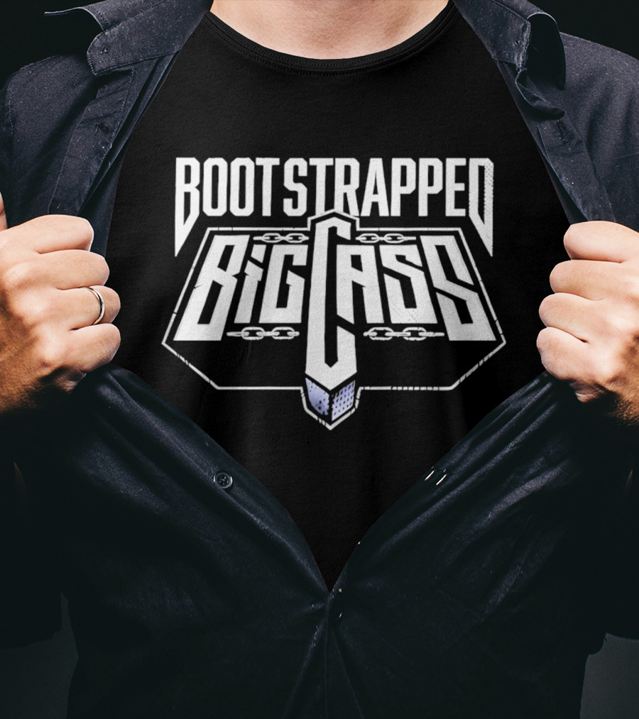Bootstrapped Big Cass Distressed Chains Shield Frame Block Lettering T-Shirt