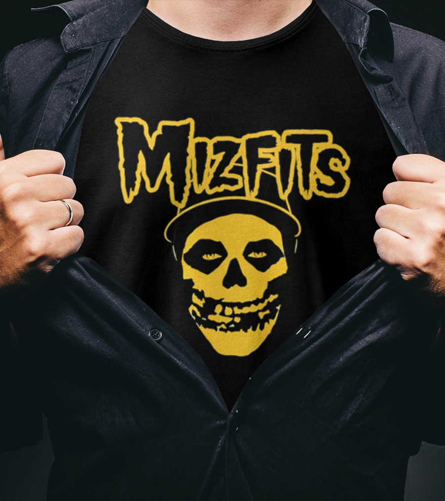 Mizfits Yellow Dripping Horror Font Skull In Baseball Cap T-Shirt