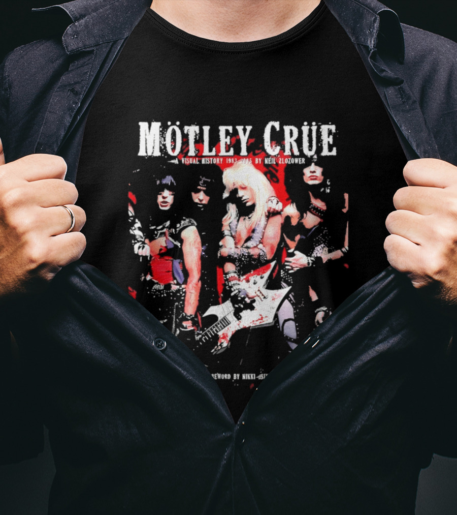 Motley Crue Visual History 1983 2005 Neil Zlozower Nikki Sixx Band Photo White Guitar T-Shirt