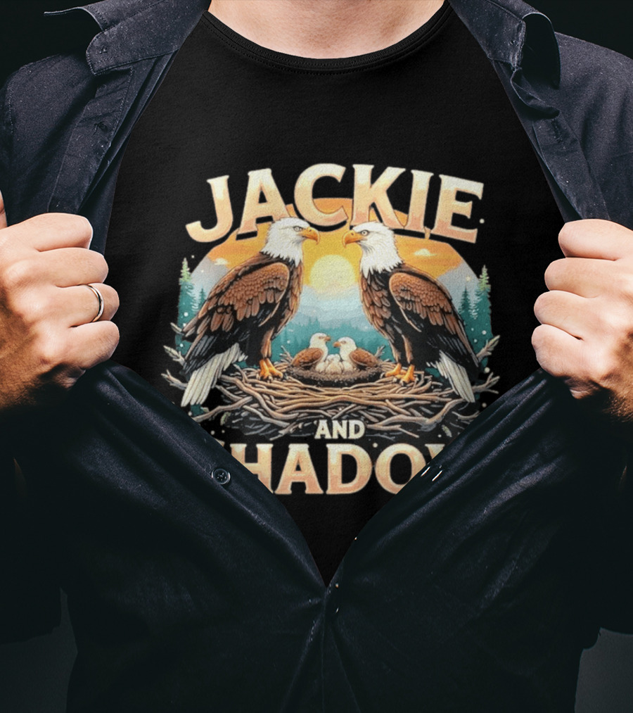 Jackie And Shadow American Eagles Family In Nest With Mountains And Sun T-Shirt
