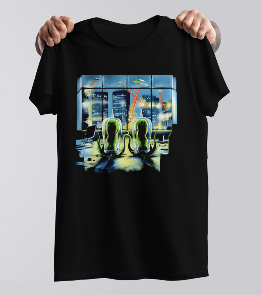 Project Rigel Alien Invasion City Battle Scene With Flying Saucers And Lasers T-Shirt