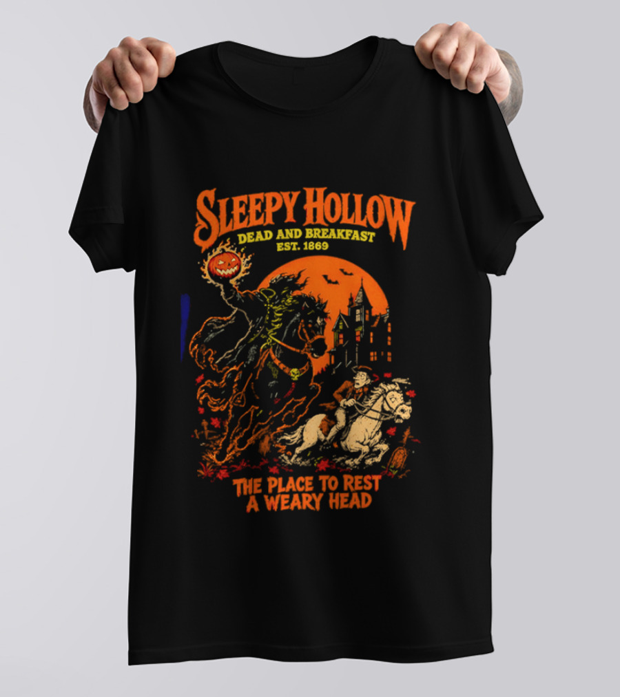 Sleepy Hollow Dead And Breakfast Est 1820 Headless Horseman The Place To Rest A Weary Head Halloween Pumpkin T-Shirt