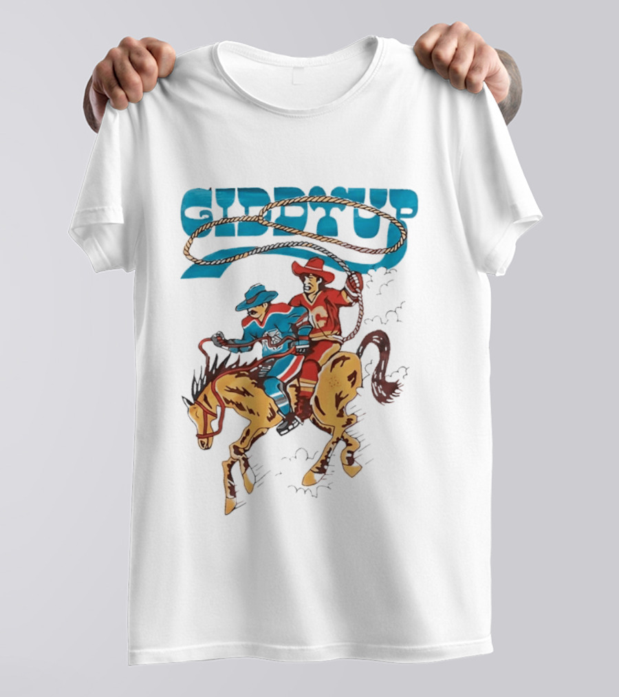 Calgary Flames Edmonton Oilers NHL Hockey Players Giddyup Cartoon Riding Bucking Horse Lasso T-Shirt