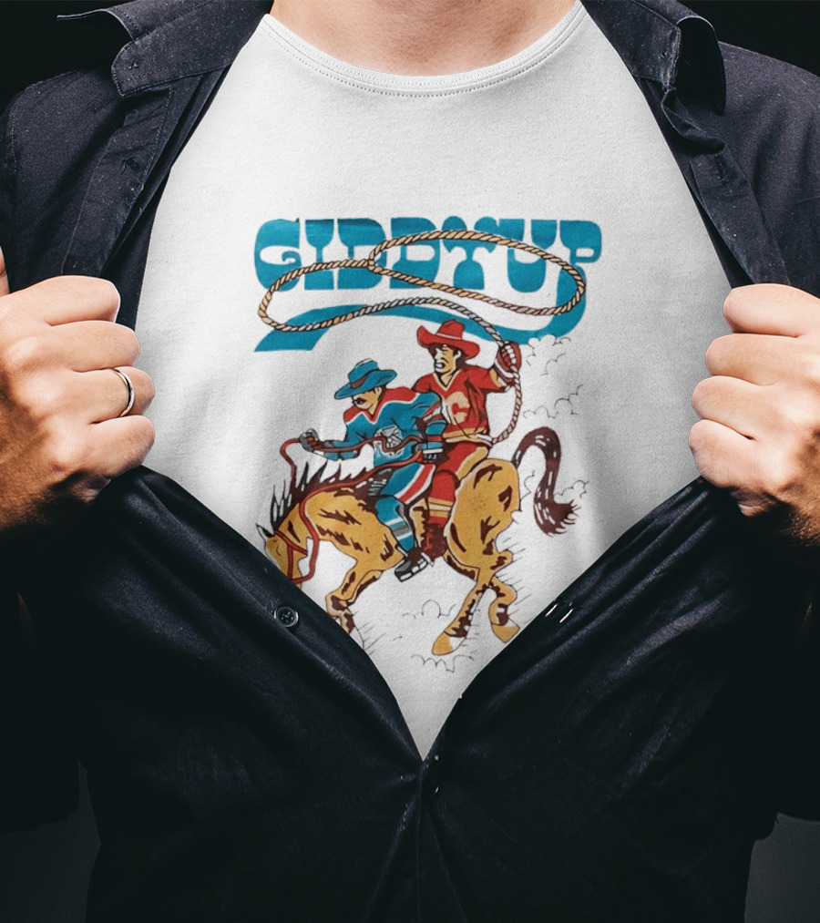 Calgary Flames Edmonton Oilers NHL Hockey Players Giddyup Cartoon Riding Bucking Horse Lasso T-Shirt