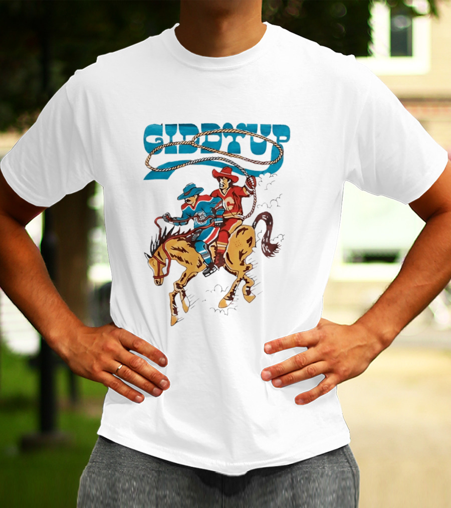Calgary Flames Edmonton Oilers NHL Hockey Players Giddyup Cartoon Riding Bucking Horse Lasso T-Shirt