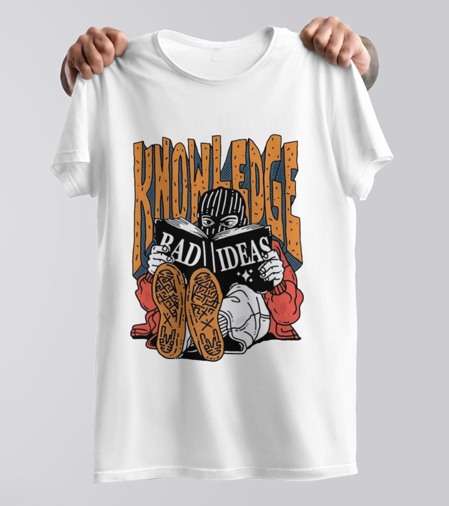 Knowledge Bad Ideas Elyski Balaclava Reading Book Shoe Soles Halftone Cartoon T-Shirt