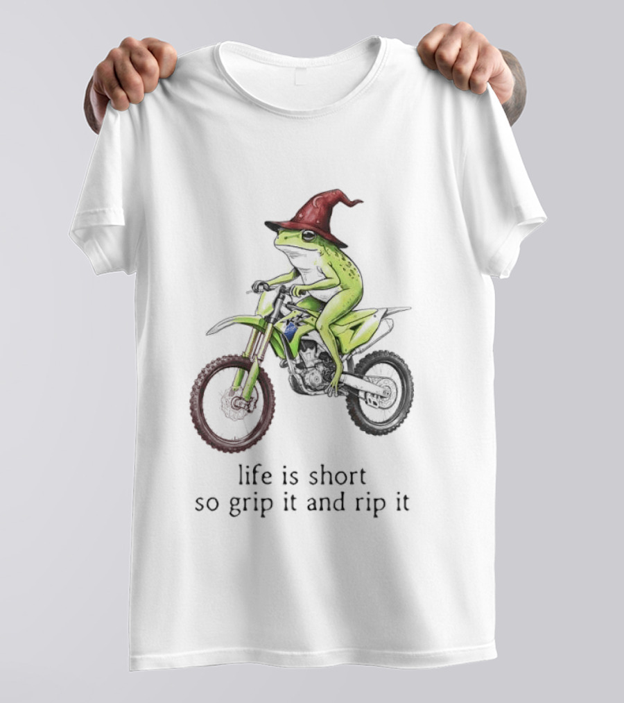 Life Is Short So Grip It And Rip It Frog Red Wizard Hat Green Dirt Bike Adventure T-Shirt