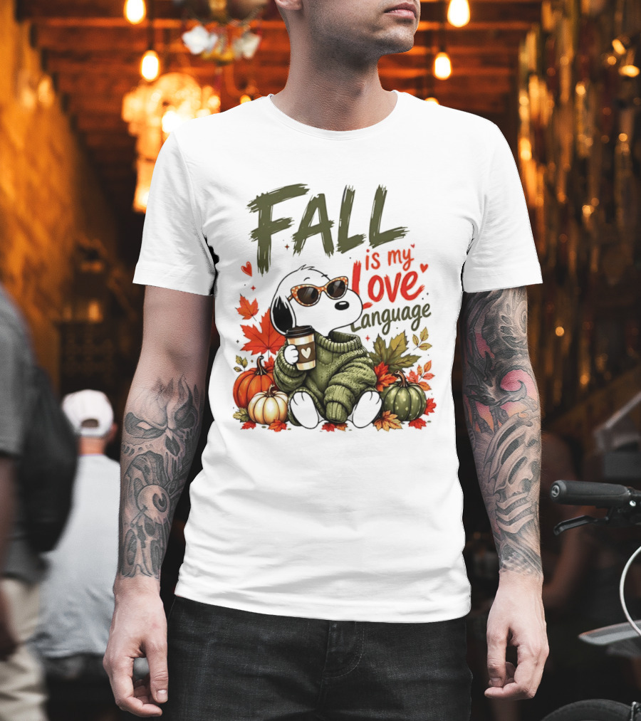 Fall Is My Love Language Cartoon Dog Cozy Green Sweater Pumpkins Leaves Coffee T-Shirt