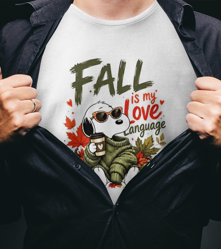 Fall Is My Love Language Cartoon Dog Cozy Green Sweater Pumpkins Leaves Coffee T-Shirt