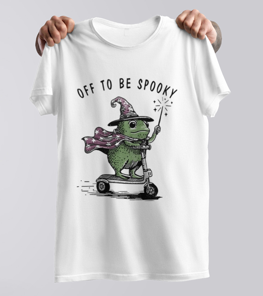 Frog Wizard On Scooter With Cape Off To Be Spooky Magic Wand T-Shirt