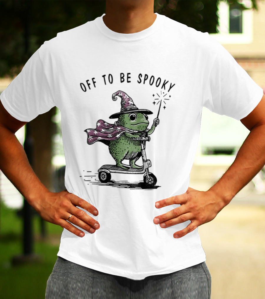Frog Wizard On Scooter With Cape Off To Be Spooky Magic Wand T-Shirt