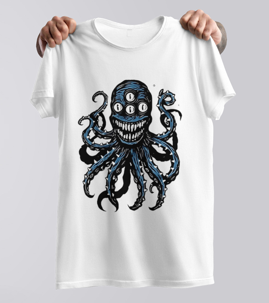 Monstrous Spiky Tentacles Blue Octopus Woodcut T-Shirt