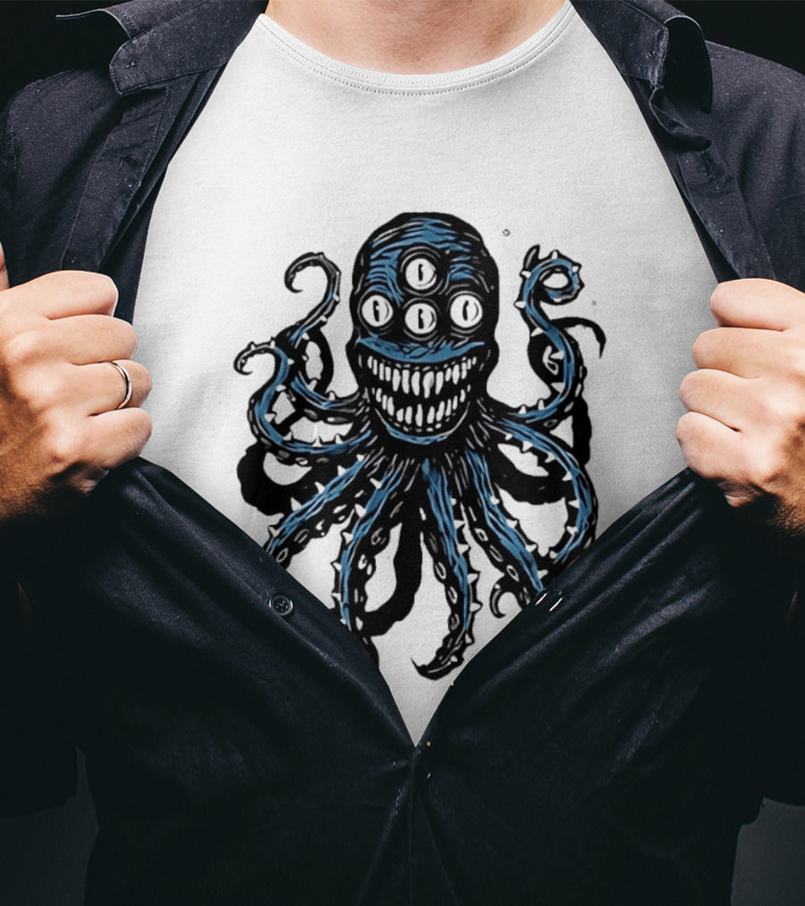 Monstrous Spiky Tentacles Blue Octopus Woodcut T-Shirt