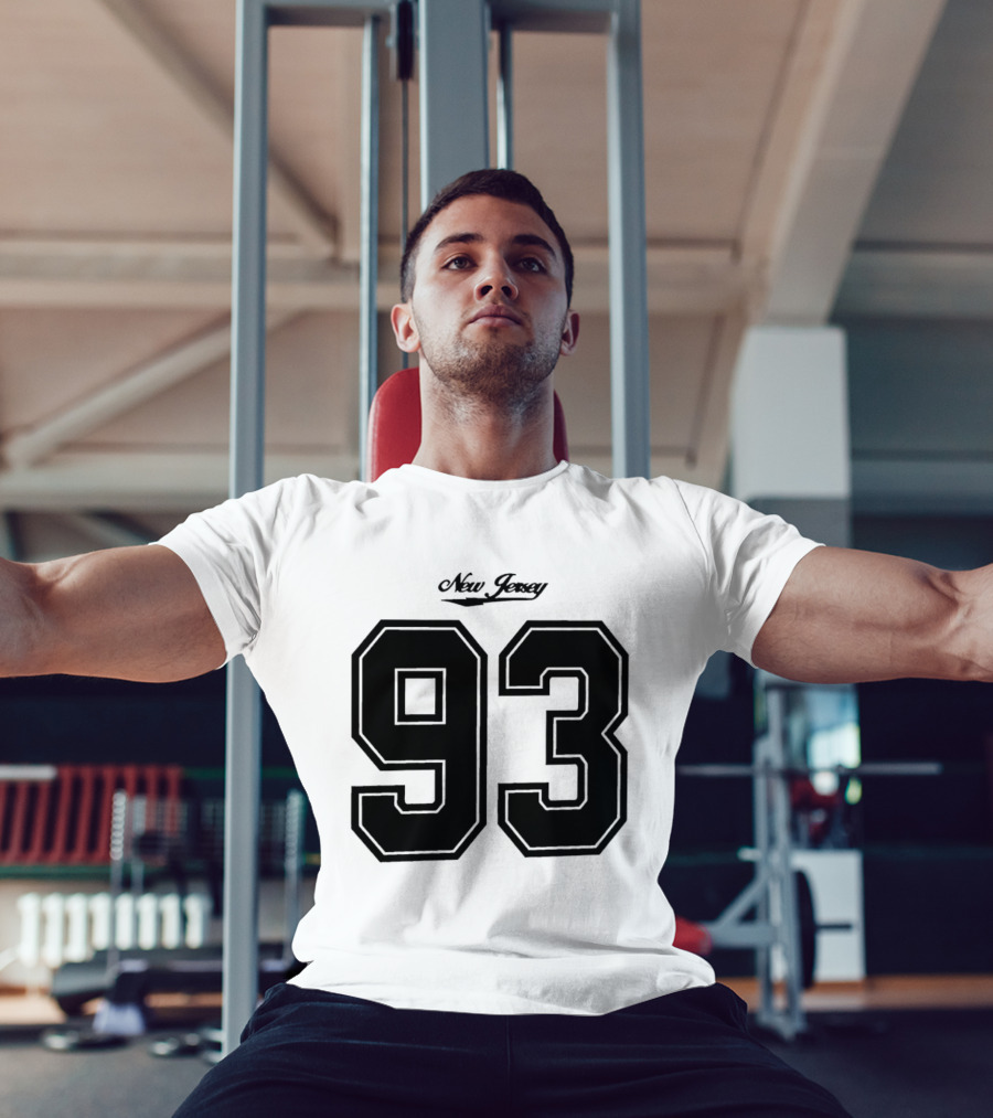 New Jersey 93 Cursive Script Black Varsity Block Number T-Shirt