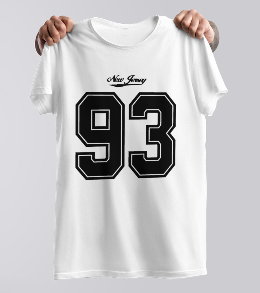 New Jersey 93 Cursive Script Black Varsity Block Number T-Shirt