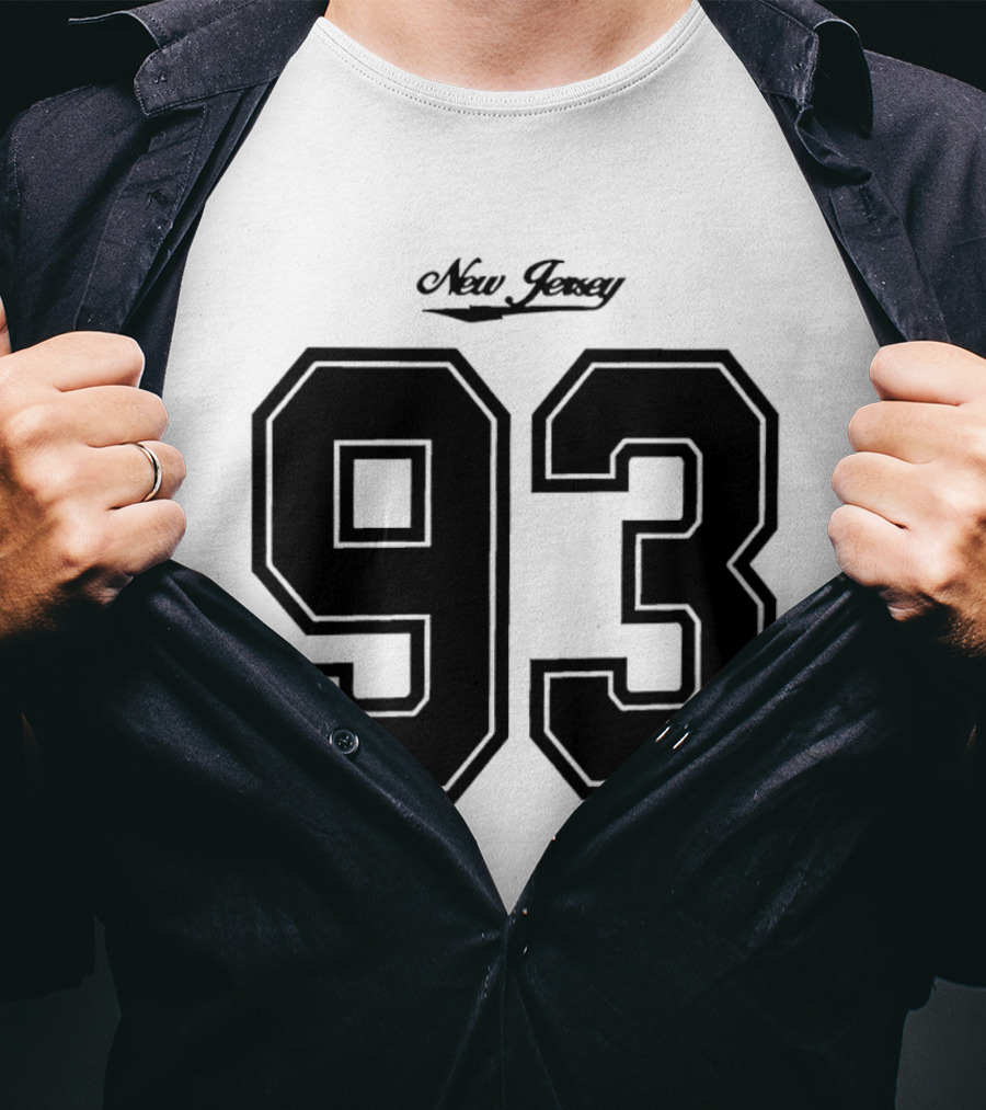 New Jersey 93 Cursive Script Black Varsity Block Number T-Shirt