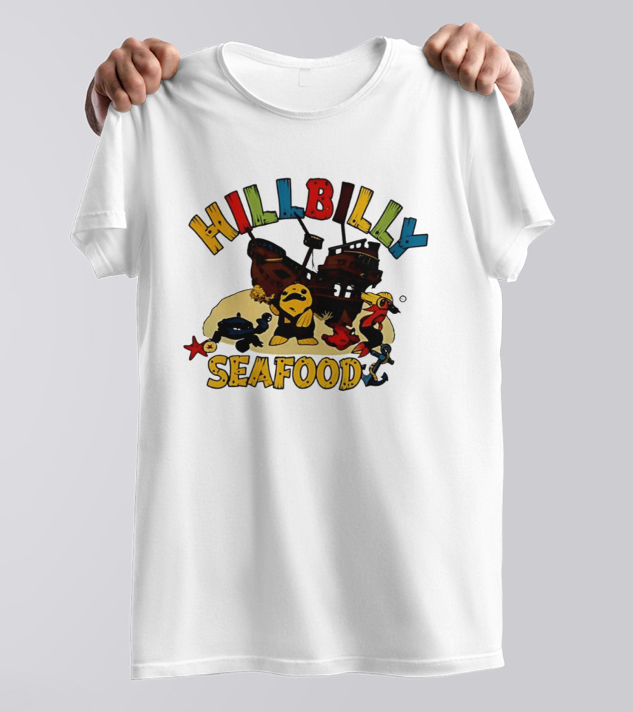 Hillbilly Seafood Cartoon Pirate Ship And Ocean Life Fish Adventure T-Shirt