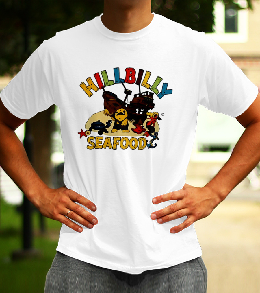 Hillbilly Seafood Cartoon Pirate Ship And Ocean Life Fish Adventure T-Shirt