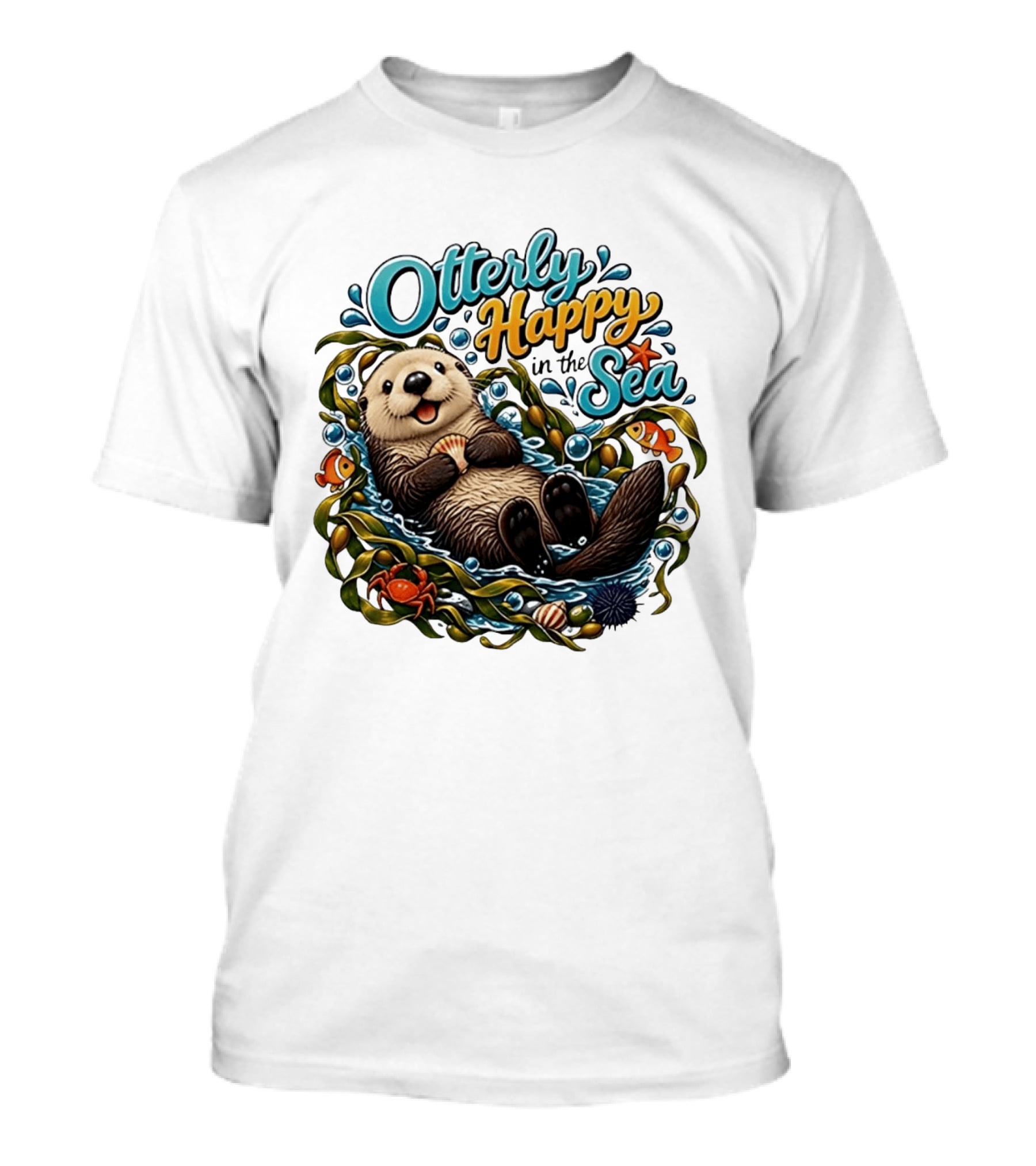 Otterly Happy In The Sea Cartoon Otter Floating With Kelp, Shell, Fish, Crab T-Shirt