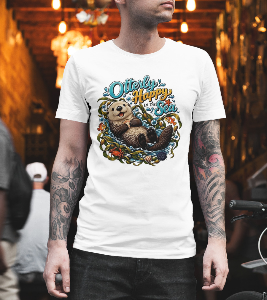 Otterly Happy In The Sea Cartoon Otter Floating With Kelp, Shell, Fish, Crab T-Shirt