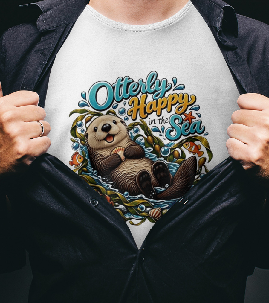 Otterly Happy In The Sea Cartoon Otter Floating With Kelp, Shell, Fish, Crab T-Shirt