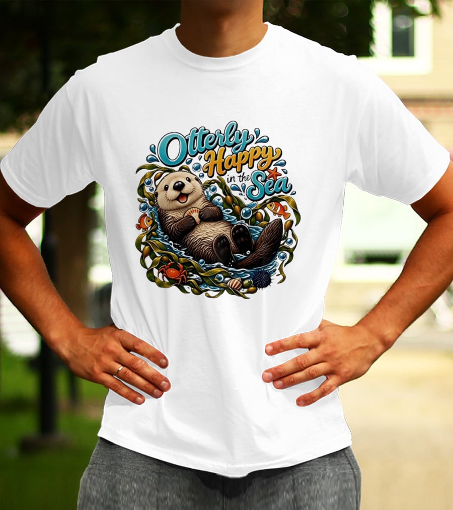 Otterly Happy In The Sea Cartoon Otter Floating With Kelp, Shell, Fish, Crab T-Shirt
