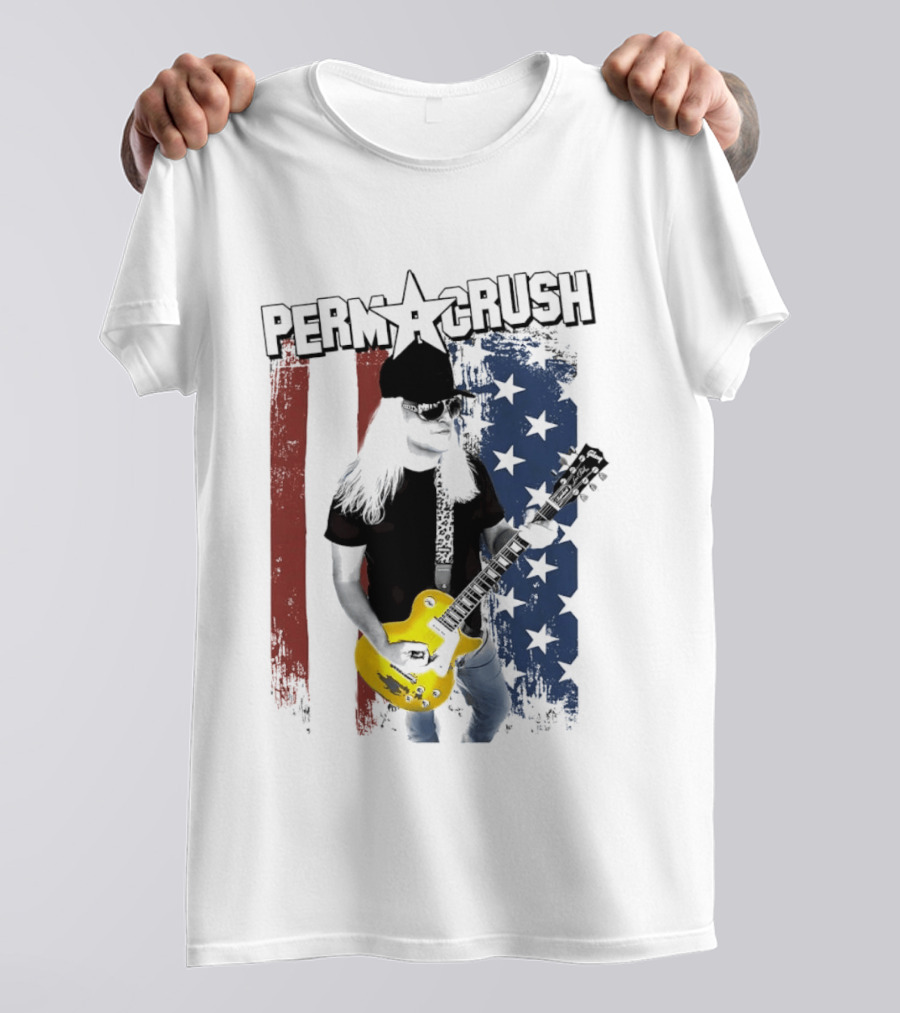 Perm A Crush Long Blonde Hair Yellow Guitar American Flag T-Shirt